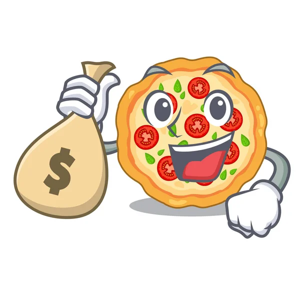 Con bolsa de dinero margherita pizza en un horno de dibujos animados — Vector de stock