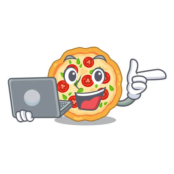 Çizgi film fırınında dizüstü bilgisayarlı margherita pizzasıyla. — Stok Vektör