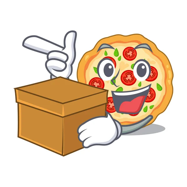 Cu cutie pizza Margherita servit bord personaj — Vector de stoc