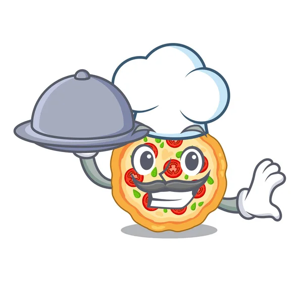 Chef com comida margherita pizza isolada com os desenhos animados — Vetor de Stock