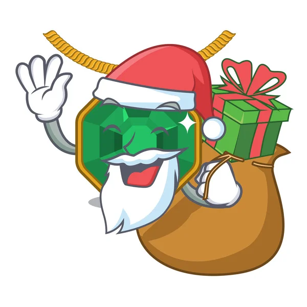 Santa con joyas de peridoto de regalo por encima de la mesa de dibujos animados — Vector de stock