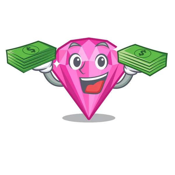 Com dinheiro saco de diamante rosa na forma de mascote — Vetor de Stock