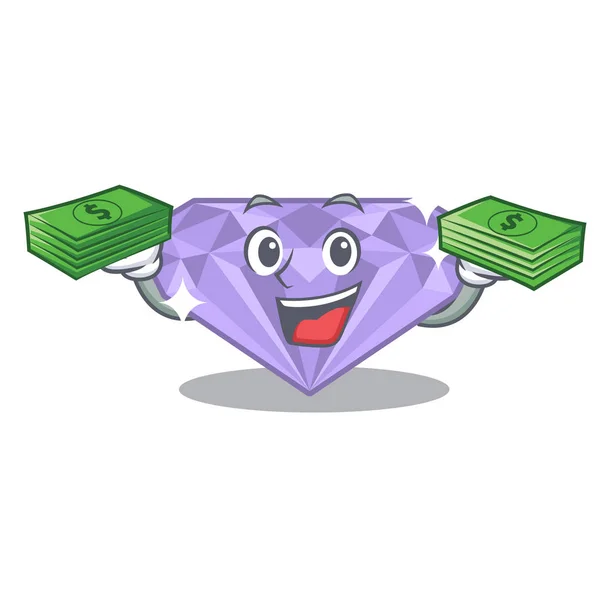 Con bolsa de dinero diamante violeta en una bolsa de dibujos animados — Vector de stock