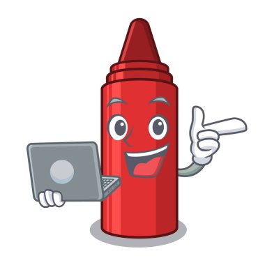 With laptop red crayon isolated with the mascot