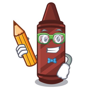 Öğrenci kahverengi boya kalemi maskot ile izole