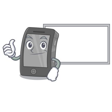Bir maskot çanta içinde kurulu ipad ile Thumbs
