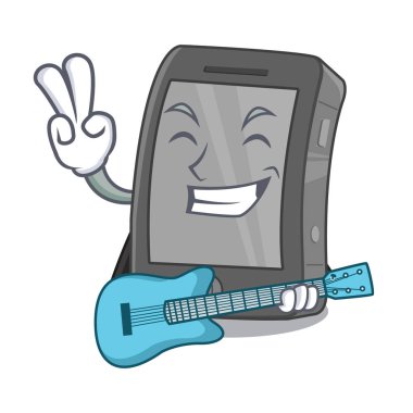 Tahta bir karikatür masasında gitar ipad ile