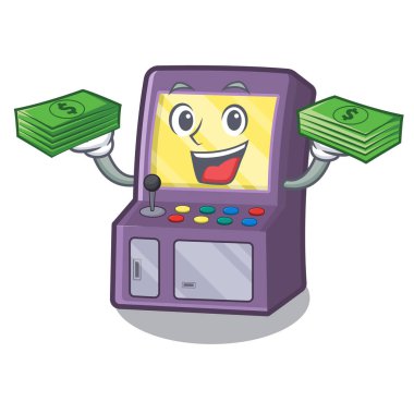 Maskot masasının yanındaki para çantası atari makinesiyle.