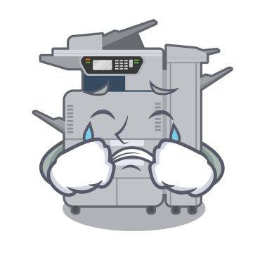 Maskot ahşap masa üzerinde ağlayan fotokopi makinesi