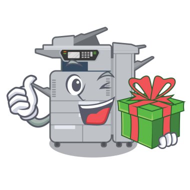 With gift copier machine above mascot wood table