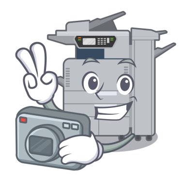 Maskot ahşap masa üzerinde Fotoğrafçı fotokopi makinesi