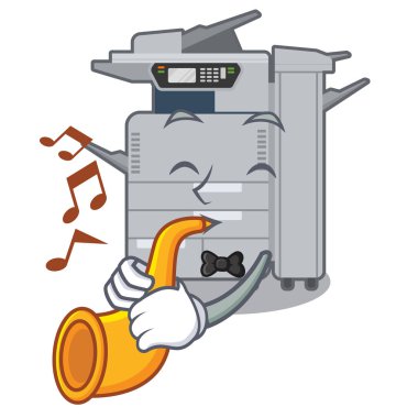 Maskot masasının üstündeki trompet fotokopi makinesiyle