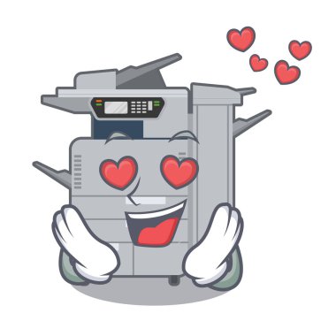 Maskot ahşap masa üzerinde aşk fotokopi makinesi