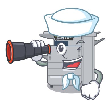 Maskot ahşap masa üzerinde binoküler fotokopi makinesi ile Denizci
