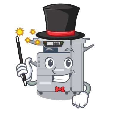 Sihirbaz fotokopi makinesi karakter sandalye yanında