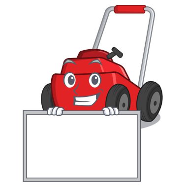 Bir maskot şeklinde kurulu çim biçme makinesi ile grinning