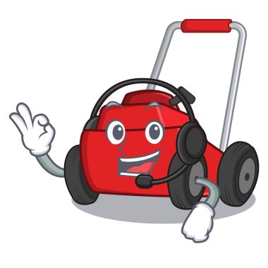 Bir depoda kulaklık karikatür çim biçme makinesi ile