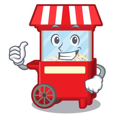 Başparmak yukarıya Popcorn makine yanında karikatür masa