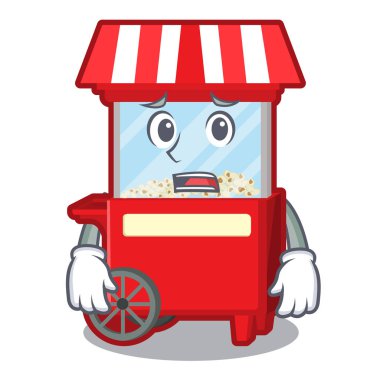 Korkun maskot izole patlamış mısır makinesi