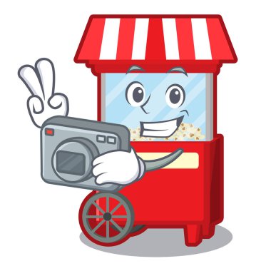 Fotoğrafçı patlamış mısır makinesi maskot izole