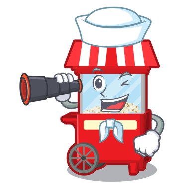 Maskot izole binoküler patlamış mısır makinesi ile Sailor