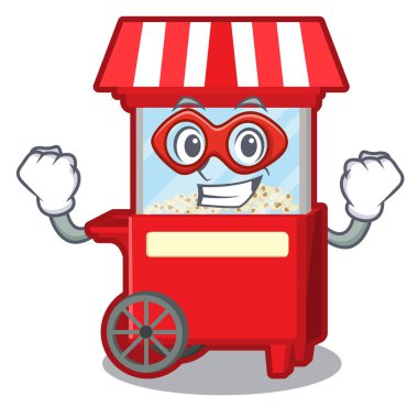 Süper kahraman patlamış mısır makinesi yanında karikatür masa