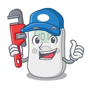 Maskot masa nın üzerinde tesisatçı diyabet kontrol makinesi