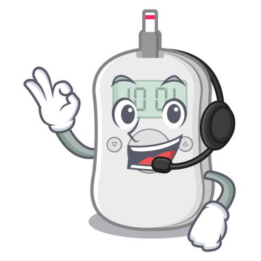 Kulaklık diyabetiyle maskot masasının üstündeki makineyi kontrol et.