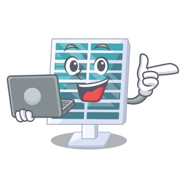 Dizüstü bilgisayarlı güneş kalemleri karikatürde izole edilmiş