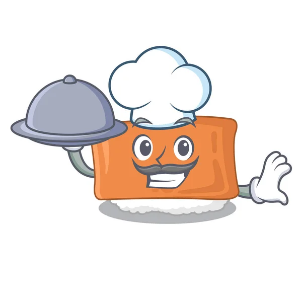 Chef com comida inari sushi é servido placa de desenho animado — Vetor de Stock