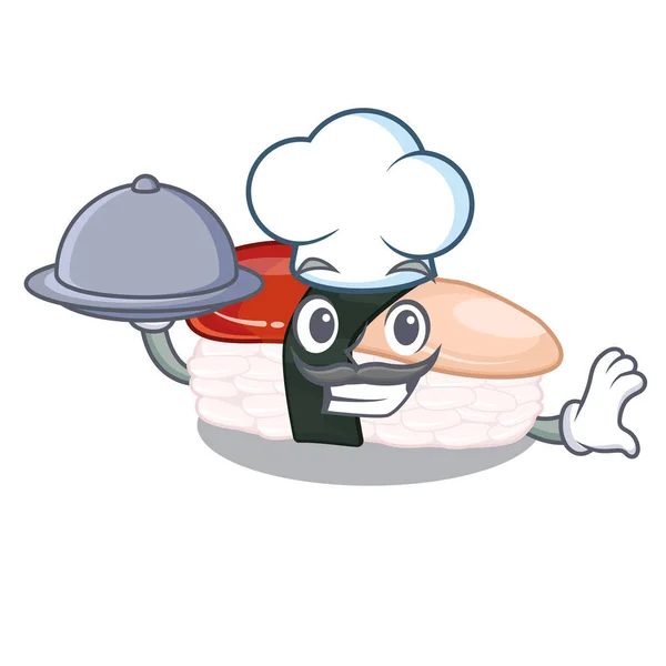 Chef avec de la nourriture hokkigai sushi en forme de mascotte — Image vectorielle