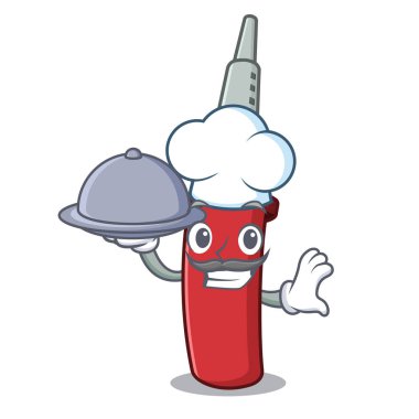 Ahşap karikatür masa üzerinde gıda satılan demir ile Şef