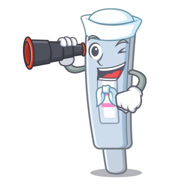 Karikatür ilaç dolabında dürbün test paketi ile Denizci