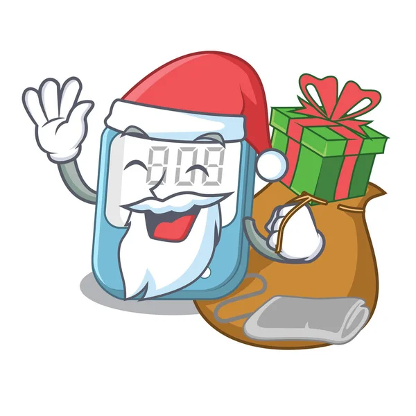 Santa con regalo de juguete de presión arterial por encima de la mesa de dibujos animados — Vector de stock