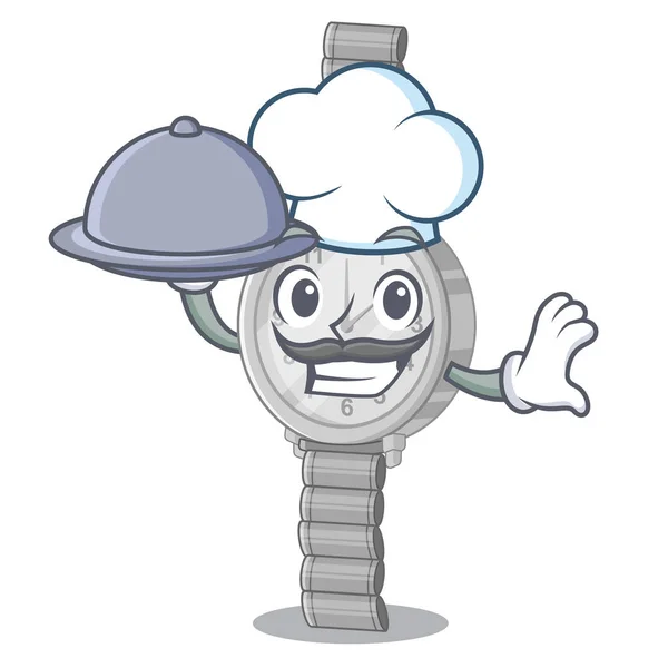 Chef z zegarek na rękę z żywnością izolowane w maskotka — Wektor stockowy