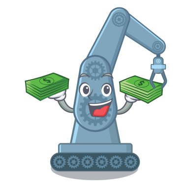 Çizgi film masasının üstünde para çantası mekatronik robot koluyla.