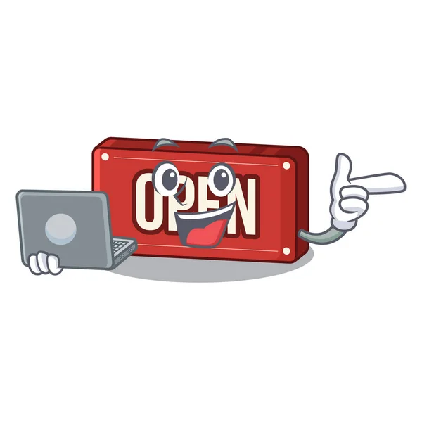 Met laptop open teken in de mascotte vorm — Stockvector