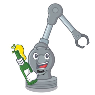 Çizgi film sandalyesinin üstünde bira robotik kol makinesiyle