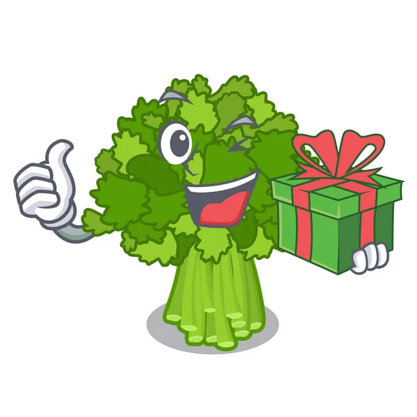 Dengan brokoli rabe hadiah dalam keranjang maskot sayuran - Stok Vektor