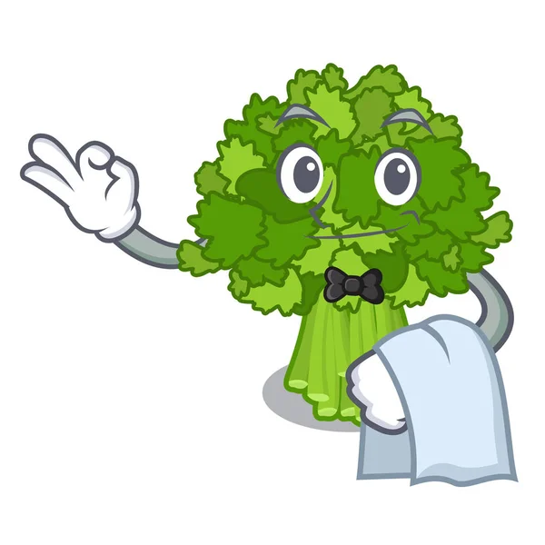 Waiter rabe broccoli in vegetable mascot basket — Stock Vector