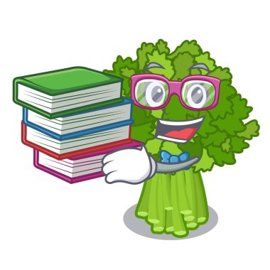 Karikatür plaka üzerinde kitap sote brokoli rabe ile Öğrenci