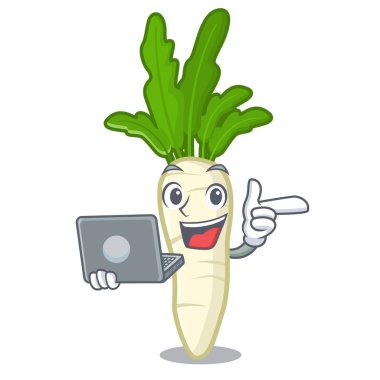 Karakter şeklinde dizüstü bilgisayar beyaz turp ile