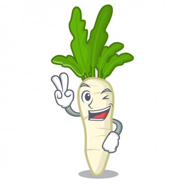 Maskot ile izole iki parmak beyaz turp