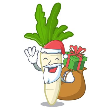 Bir karikatür buzdolabında hediye beyaz turp ile Santa