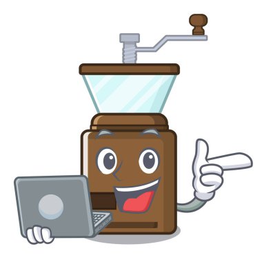 Dizüstü kahve öğütücü maskotu izole ile