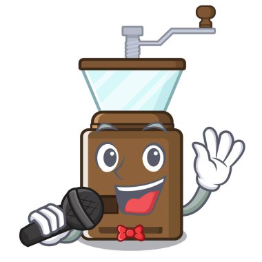 Ahşap masa nın üzerinde Singing karikatür kahve öğütücü