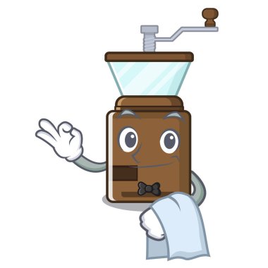 Ahşap masa nın üzerinde Garson karikatür kahve öğütücü