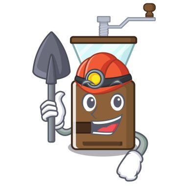 Ahşap masa nın üzerinde Madenci karikatür kahve öğütücü