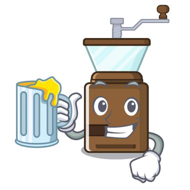 Ahşap masa üzerinde meyve suyu karikatür kahve öğütücü ile