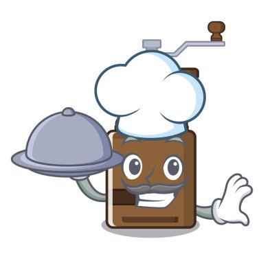 Ahşap masa üzerinde gıda karikatür kahve öğütücü ile Şef